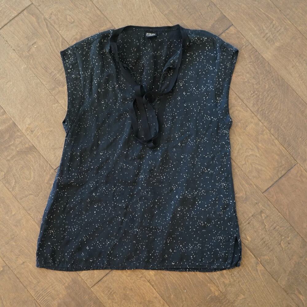 EDUN‎ 100% Silk Blouse Black Spotted with tie at neck M